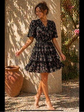 WAYF Romantic Coquette Floral Pleated Tiered Mini Dress XS